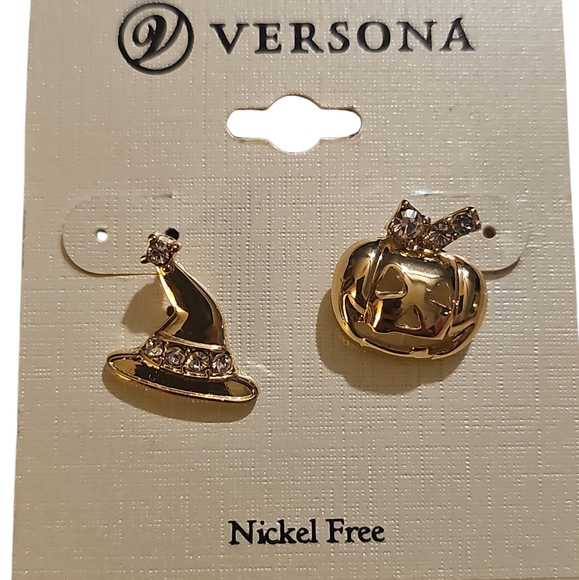 Versona Gold Witch Hat and Pumpkin Earrings - Picture 1 of 1